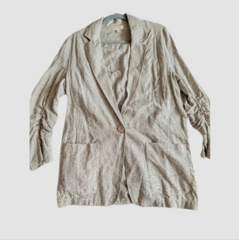 Max Studio Linen Blend Seersucker One Button Blazer Size Large Ruched Sleeves